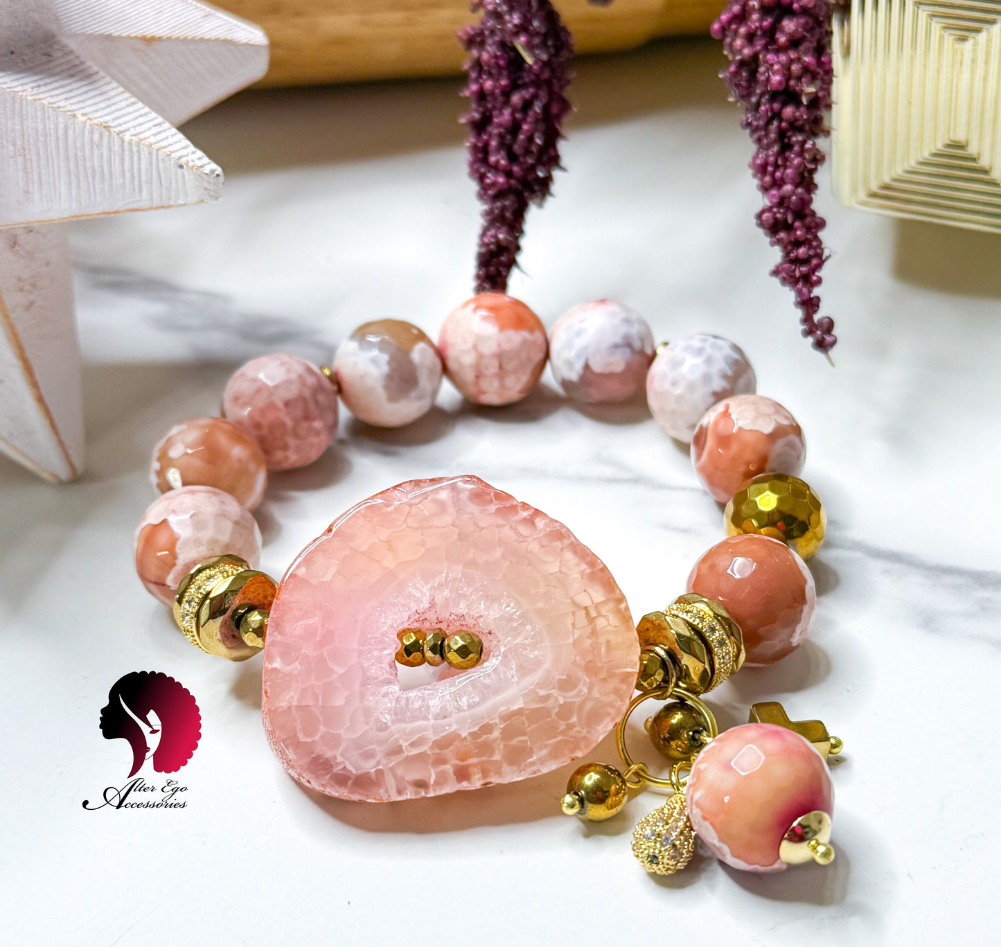 Rosy & Gold | Faceted Agate Gemstone Beaded Bracelet | Beautiful Centerpiece