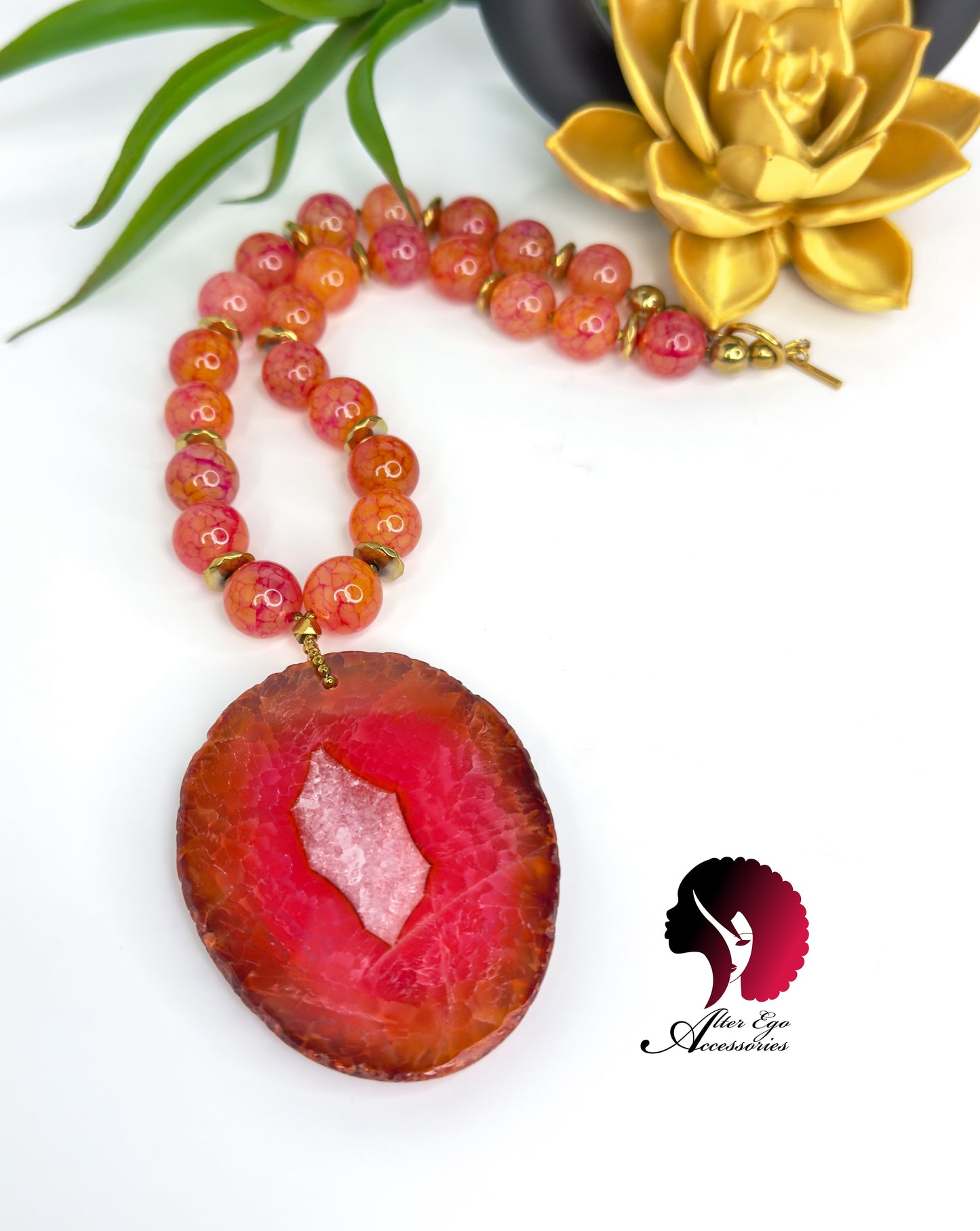 Spicy Watermelon | Bold Pink Agate Gemstone Beaded Necklace with Large Statement Pendant – Handmade Jewelry