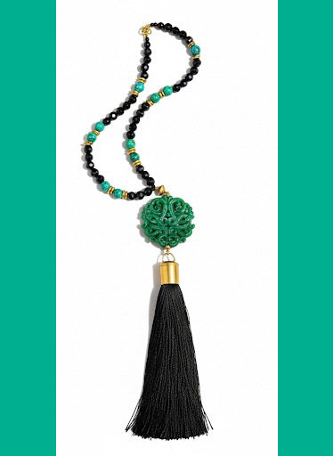 Emerald Nightfall Necklace – Carved Jade Pendant, Black Silk Tassel & Agate Gemstones (26”)