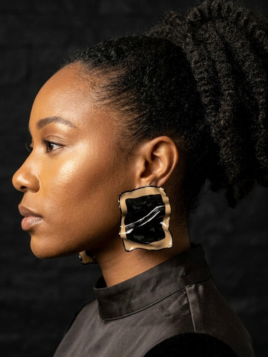 Noir Ripple Statement Earrings | Elemental Curve Collection | Black & Tan Polymer Clay | Stainless Steel Posts