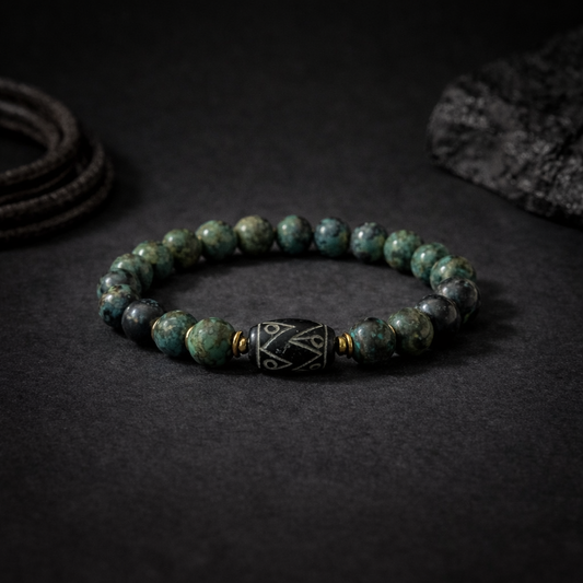 African Turquoise Beaded Bracelet with Carved Jade Focal & Gunmetal Hematite Accents – Men’s Stretch Bracelet