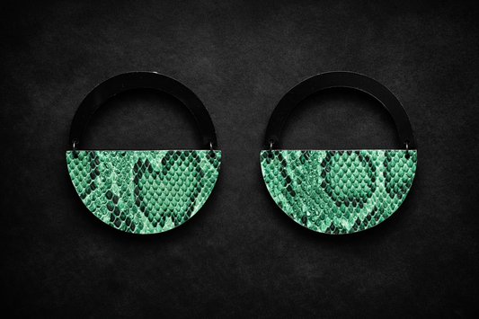 Jungle Luxe Green Snakeskin Statement Earrings – Faux Leather Wood & Acrylic | Circle Drop & Diamond Square Lightweight Earrings