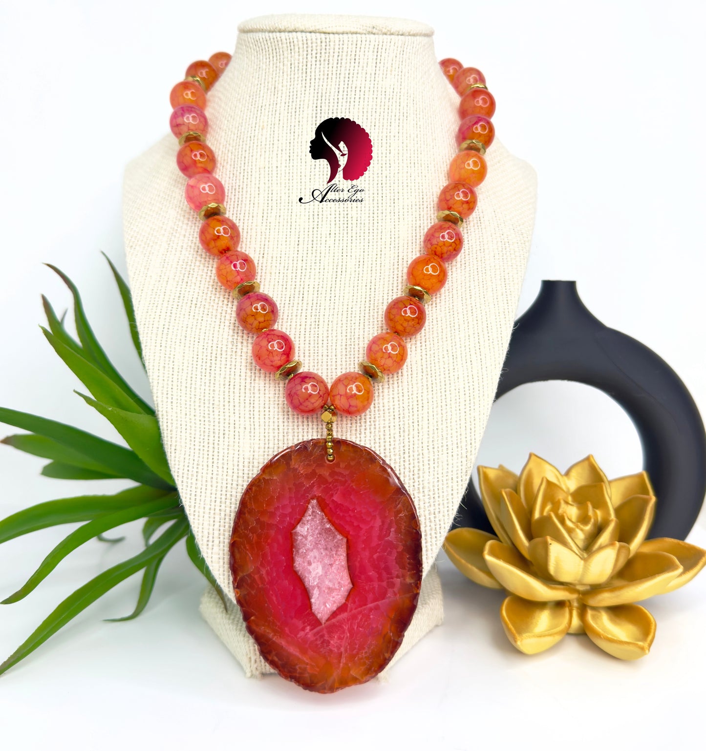 Spicy Watermelon | Bold Pink Agate Gemstone Beaded Necklace with Large Statement Pendant – Handmade Jewelry