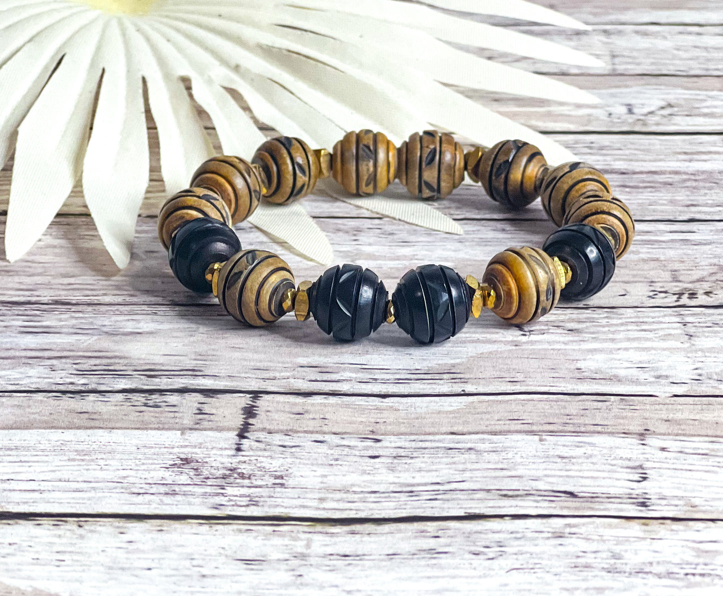 Two Tone Carved Wood Bracelet