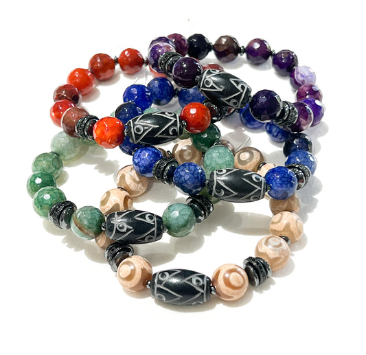 Men Gemstone Bracelets w/ Carved Jade