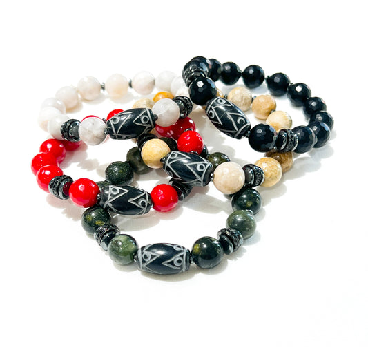 Men Gemstone Bracelets w/ Carved Jade